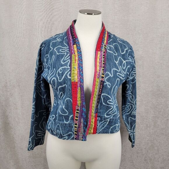 Chico's Blue Jean Denim Jacket with Multicolor Trim Bleached Floral Pattern - Picture 3 of 12